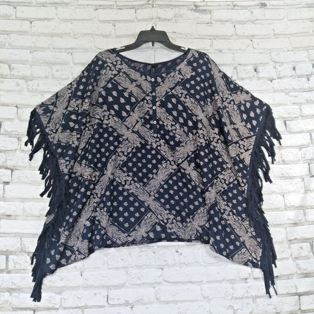 Taurus Poncho Womens Medium Blue Paisley Boho Lagenlook Fringe Boho Hippie